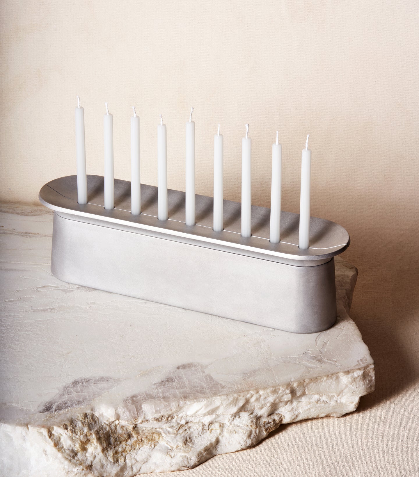 Load image into Gallery viewer, Block Chanukiah in Brushed Aluminum with nine Chanukah candles
