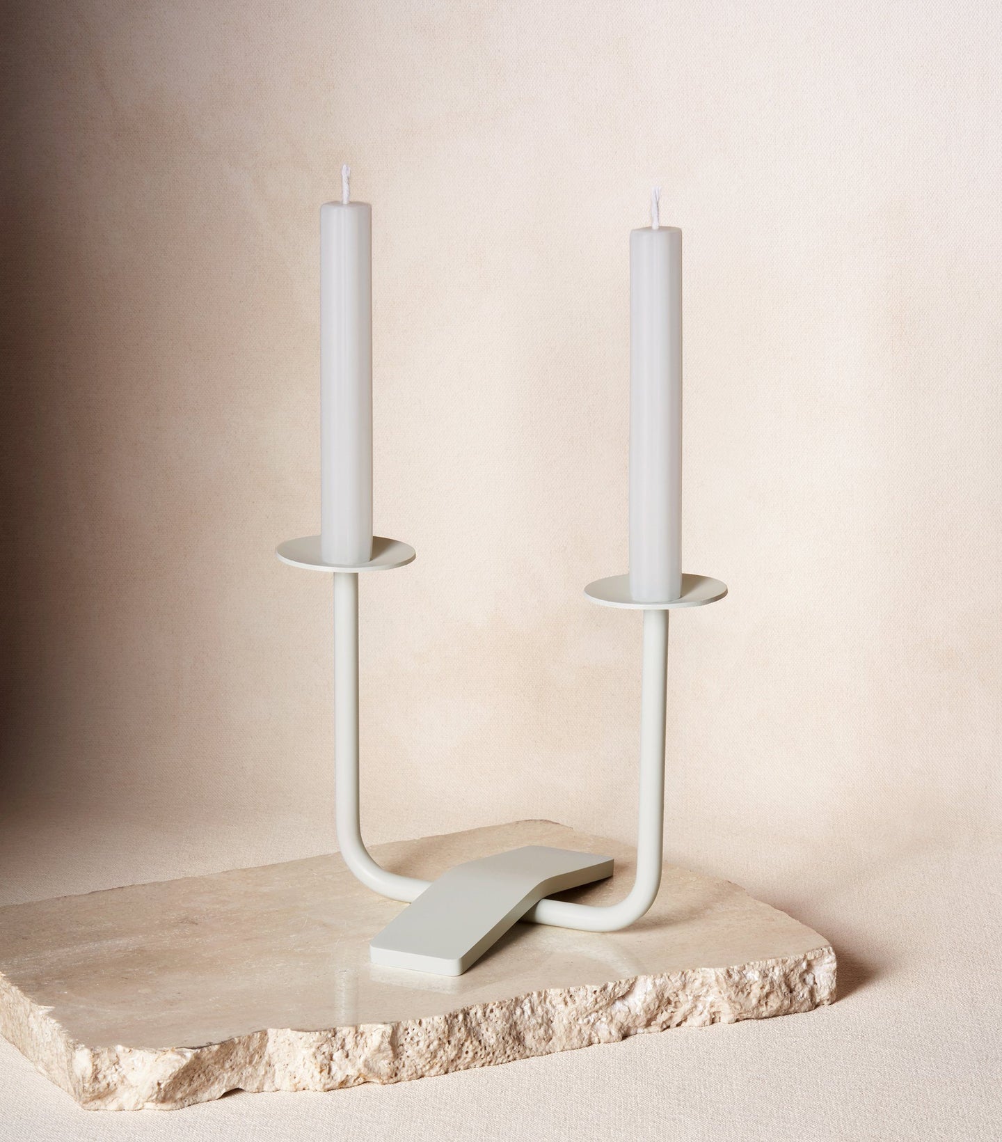 Load image into Gallery viewer, Two Shabbat Candles in Cloud White with Candle Holder
