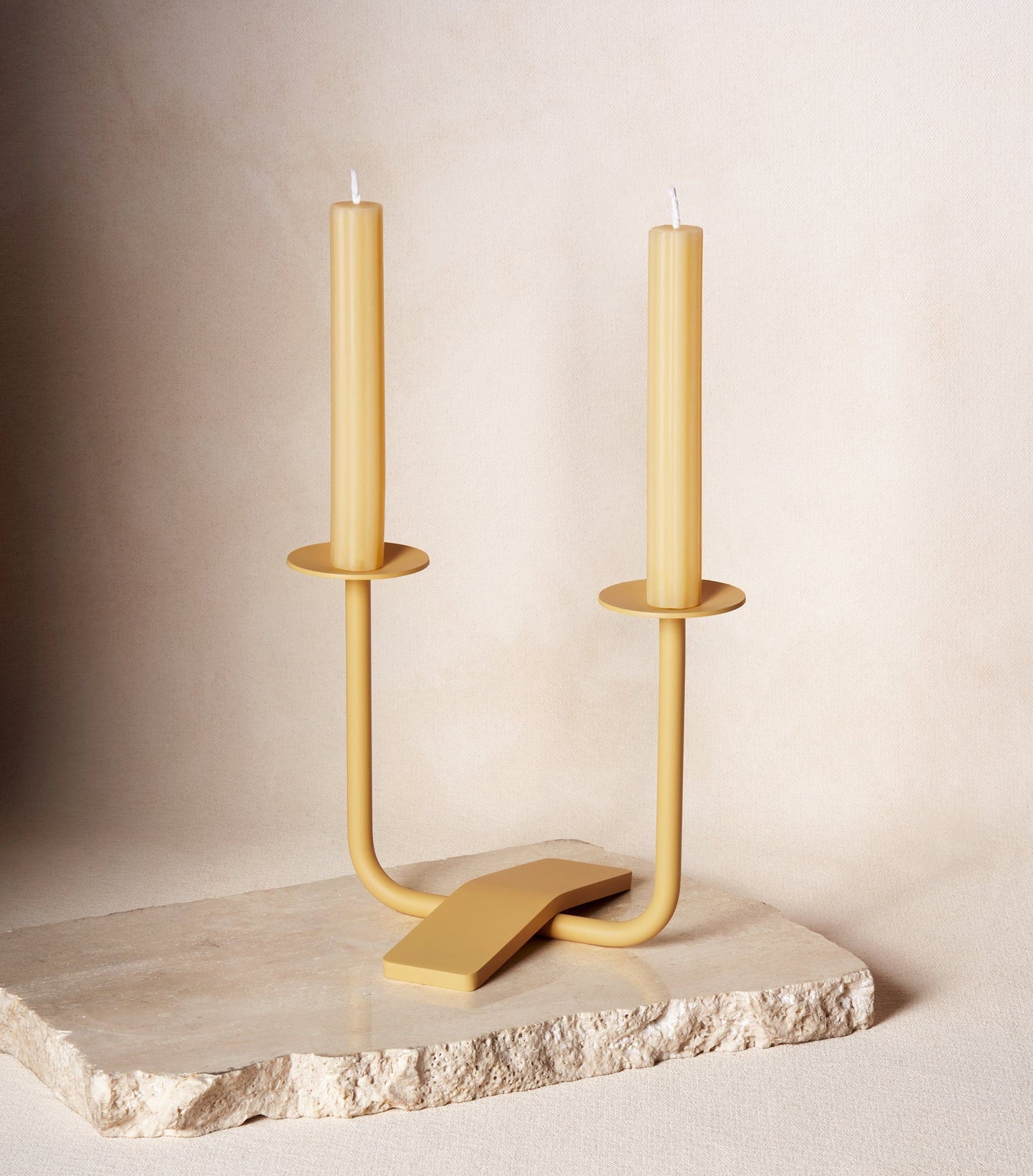 Load image into Gallery viewer, Two Shabbat Candles in Sand Yellow with Candle Holder
