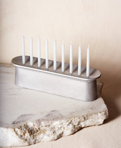 Block Chanukiah in Brushed Aluminum with nine Chanukah candles