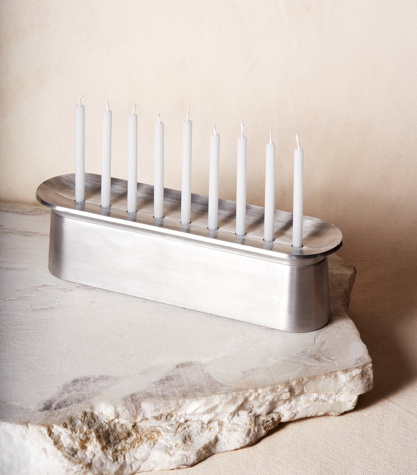 Load image into Gallery viewer, Block Chanukiah in Polished Aluminum with nine candles
