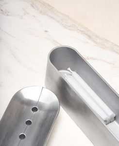 Block Chanukiah in Polished Aluminum open with Chanukah candles inside