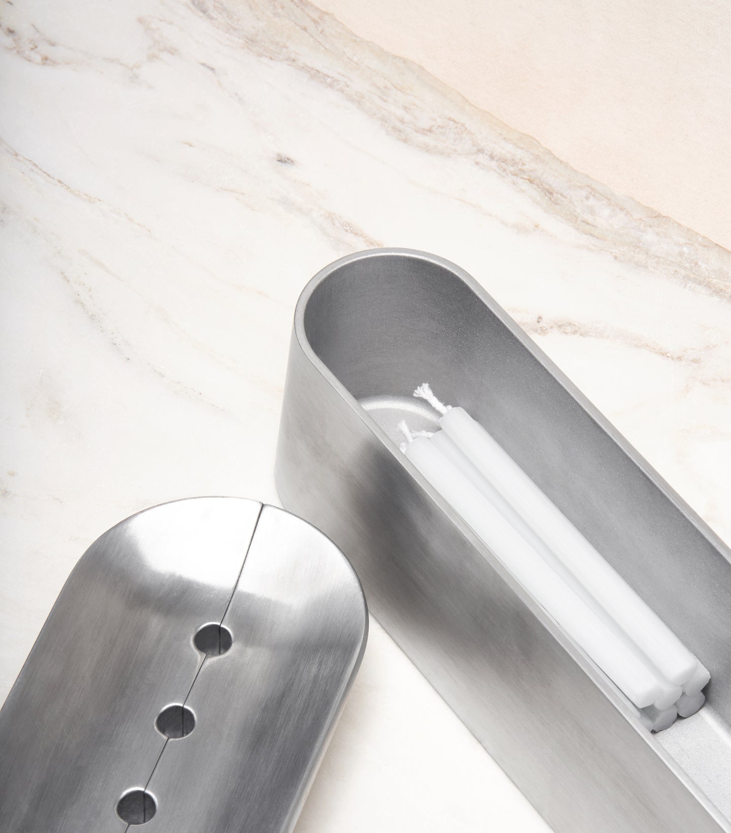 Load image into Gallery viewer, Block Chanukiah in Polished Aluminum open with Chanukah candles inside
