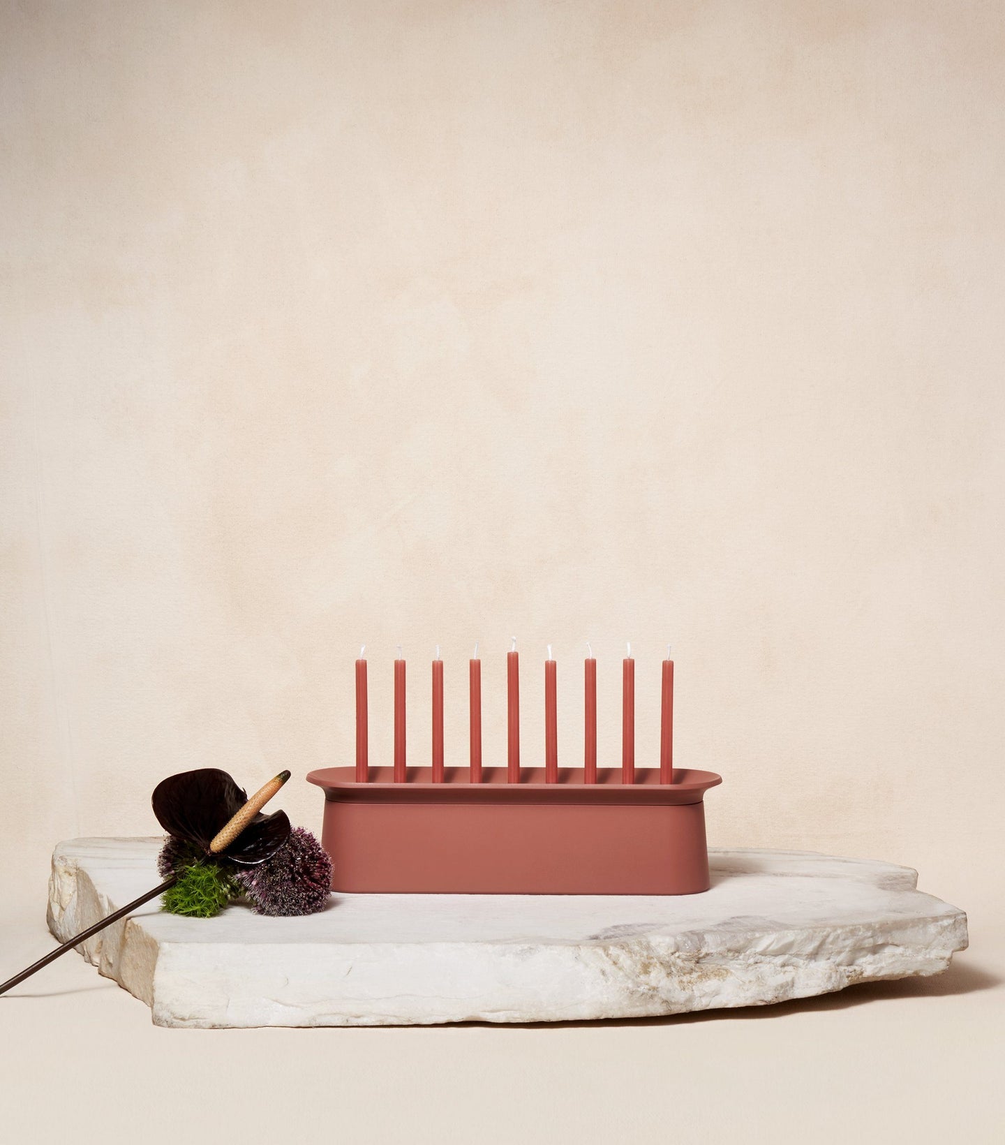 Load image into Gallery viewer,  Chanukah Candles in Clay Red with Chanukiah Via Maris
