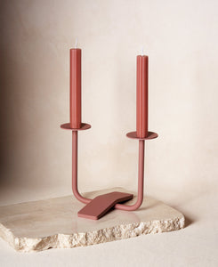 Two Shabbat Candles in Clay Red with Candle Holder