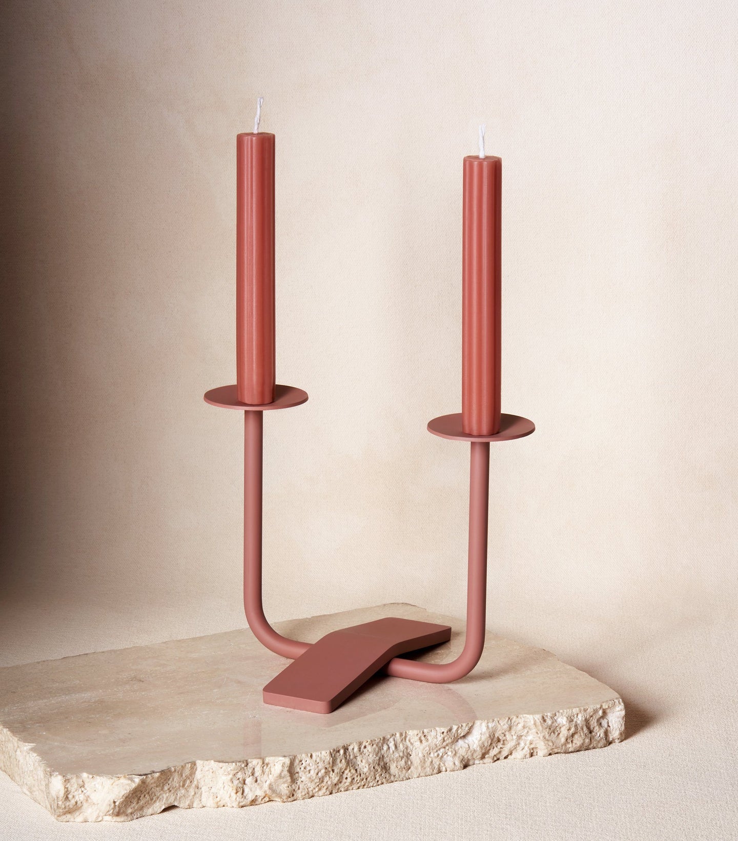Load image into Gallery viewer, Two Shabbat Candles in Clay Red with Candle Holder
