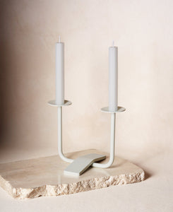 Two Shabbat Candles in Cloud White with Candle Holder