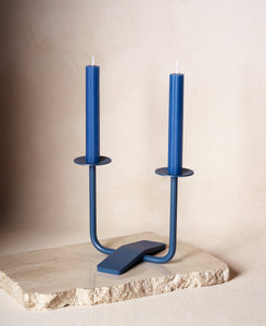 Two Shabbat Candles in Midnight Blue with Candle Holder