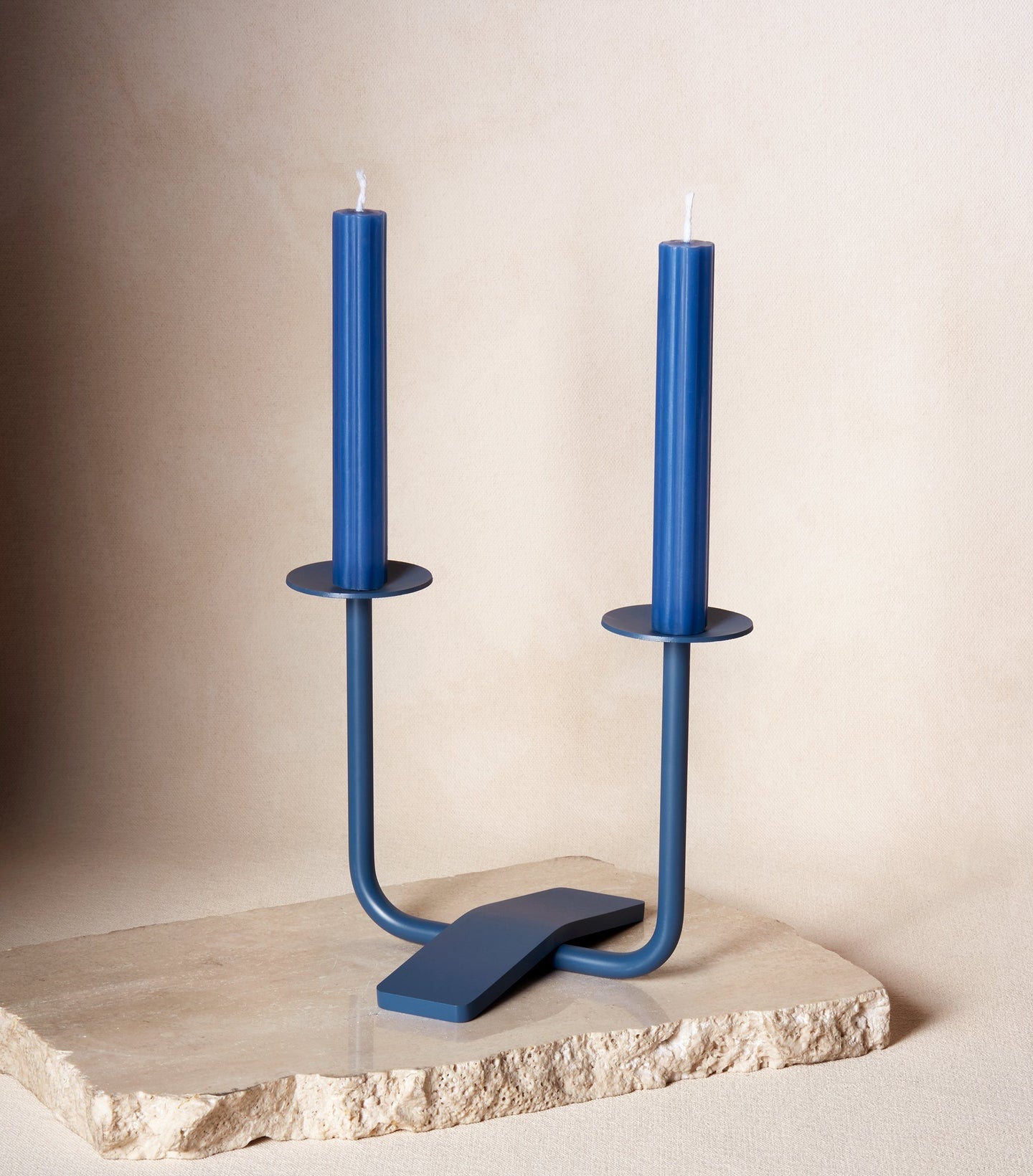 Load image into Gallery viewer, Two Shabbat Candles in Midnight Blue with Candle Holder

