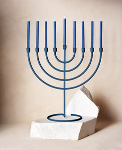 Trace Chanukiah in Midnight Blue with Candles